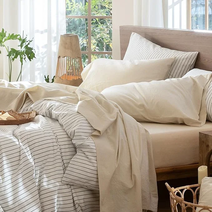 Elite MooMee Bedding Sheet Set Washed Cotton Linen Like Textured Breathable Durable Soft Comfy Heathered Almond Milk Grey Full Advanced