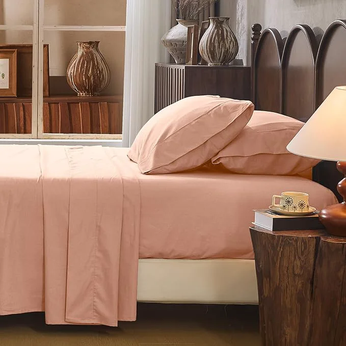 Official Linen Sheet Set Queen Size Extra Deep Pocket Fits 18-24 Inch Mattress Breathable amp Soft Smooth 4-Piece Set for Thick Mattresses Hotel Luxury Bedding（Queen Light Red） Relaxed