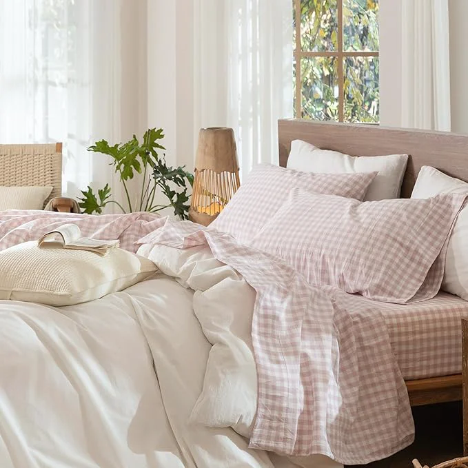 Clean MooMee Gingham Sheet Set Washed Cotton Linen Like Textured Breathable Soft w Fully Elasticized 16-19 quot Deep Pocket Classic Gingham Greyish Pink King