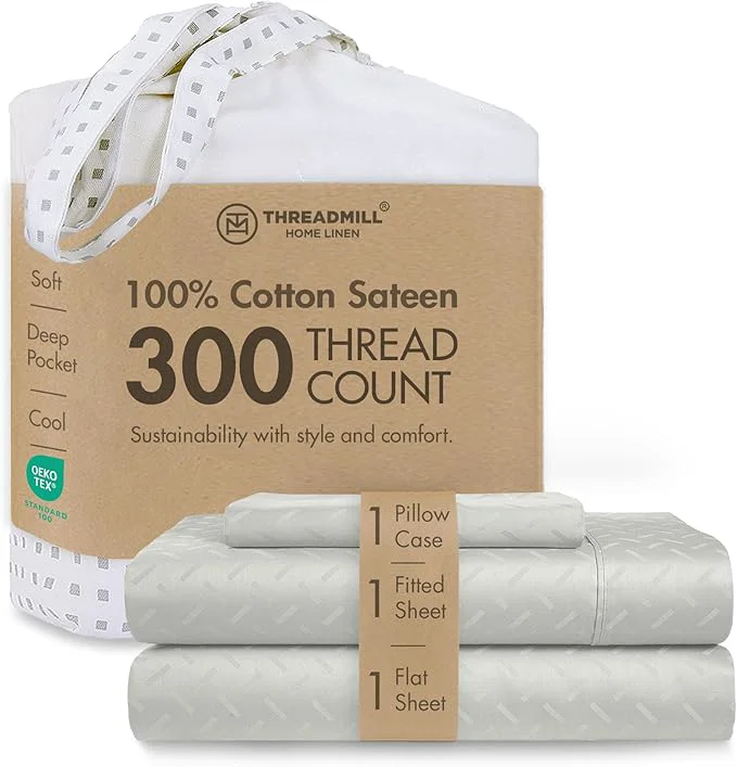 Genuine Threadmill Cotton Twin XL Sheet Set Cotton Sheets for Twin XL Size Bed Damask Jacquard Sateen Twin XL Bed Sheets Set with 16 Deep Pocket Soft Breathable 3-Piece Cooling Sheets Light Grey User-Friendly