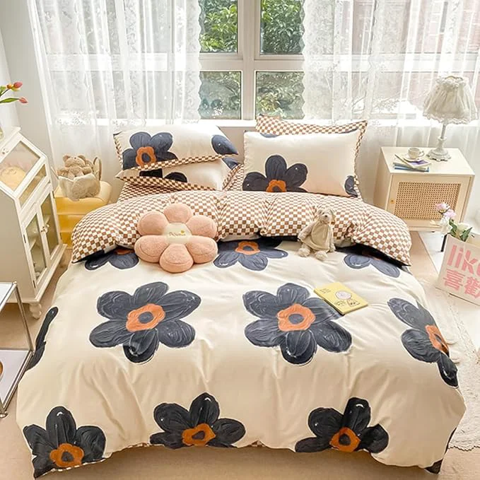 Optimized CLOTHKNOW Black Floral King Size Comforter Set Sunflower Bedding Comforter Sets Brown Plaid Comforter Boho Comforter with 2 x Pillow Cases Next-Generation