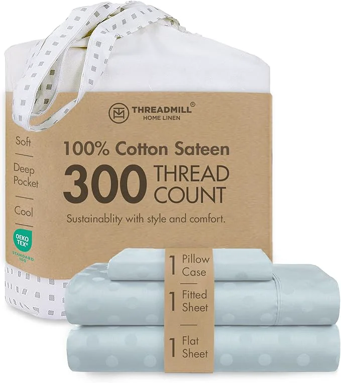 Safe Threadmill Cotton Twin Sheet Set Cotton Sheets for Twin Size Bed Damask Jacquard Sateen Twin Bed Sheets Set with 16 Deep Pocket Soft Breathable 3-Piece Cooling Sheet Set Light Blue