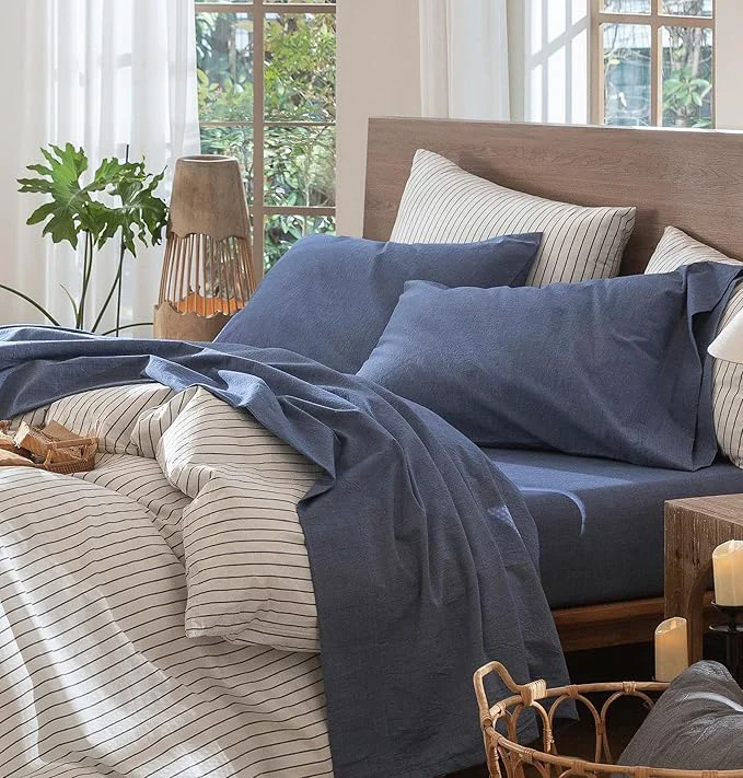 Crafted MooMee Bedding Sheet Set Washed Cotton Linen Like Textured Breathable Durable Soft Comfy Heathered Blue California King Excellent