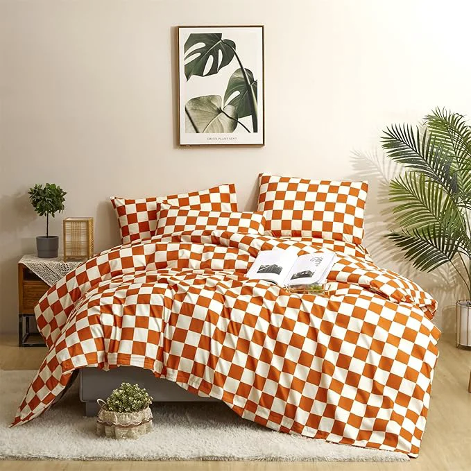 Innovative CLOTHKNOW Orange Plaid King Size Comforter Set 3Pcs Grid Bedding Comforter Sets Soft Lightweight Caramel Comforter King Checker Comforter Excellent