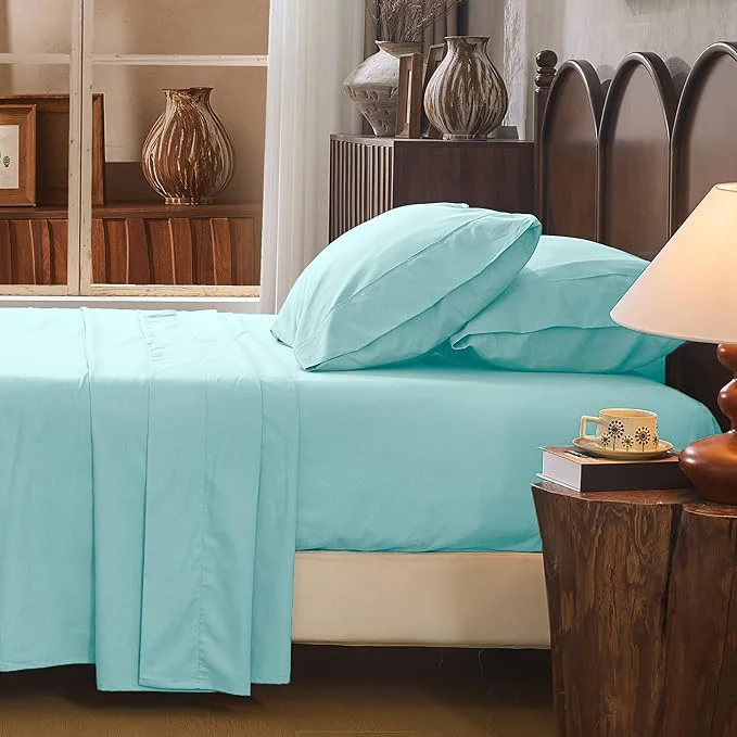 World-Class Linen Sheet Set King Size Extra Deep Pocket Fits 18-24 Inch Mattress Breathable amp Soft Smooth 4-Piece Set for Thick Mattresses Hotel Luxury Bedding（King Light Blue） Expertly Made