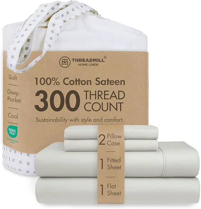 Green Threadmill Cotton Full Size Sheet set Cotton Sheets for Full Size Bed Solid Sateen Full Bed Sheets Set with 16 Elasticized Deep Pocket Soft Breathable 4-Piece Cooling Sheet Set Light Grey Convenient