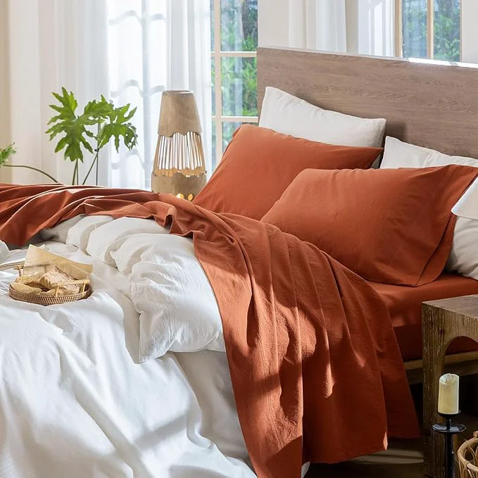 Dependable MooMee Bedding Sheet Set Washed Cotton Linen Like Textured Breathable Durable Soft Comfy Solid Rust Brown King Genuine