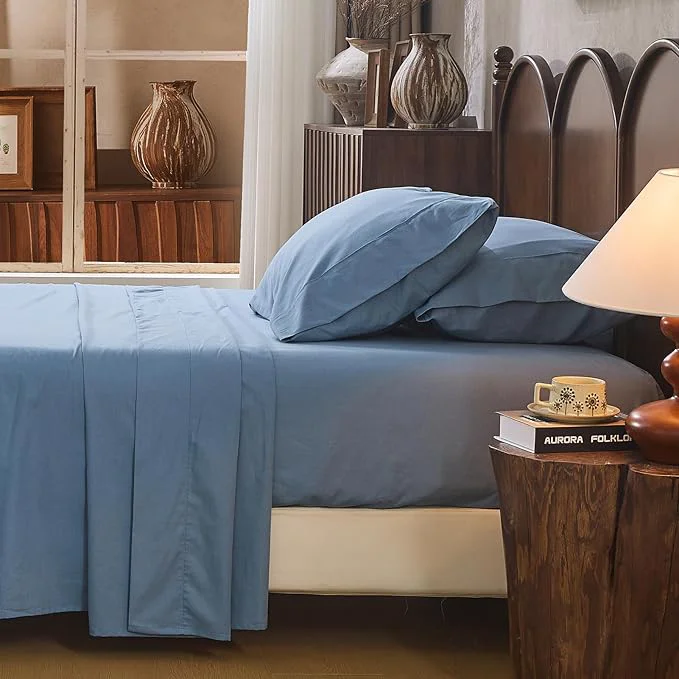 Detailed Linen Sheet Set King Size Extra Deep Pocket Fits 18-24 Inch Mattress Breathable amp Soft Smooth 4-Piece Set for Thick Mattresses Hotel Luxury Bedding（King Dusty Blue） Safe