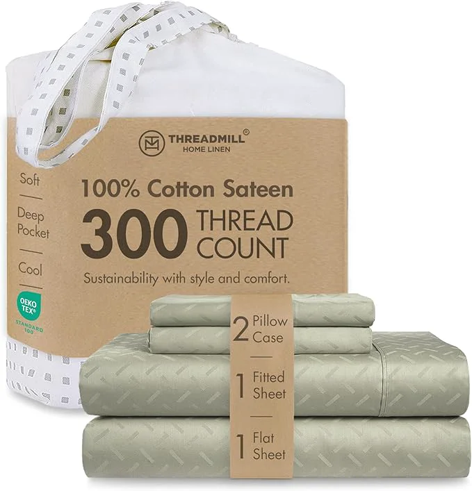 Superior Threadmill Cotton Queen Sheet Set Cotton Sheets for Queen Size Bed Damask Jacquard Queen Bed Sheets Set with 16 Deep Pocket Soft Sateen Weave 4-Piece Cooling Bedding Set Sage Green Expertly Made