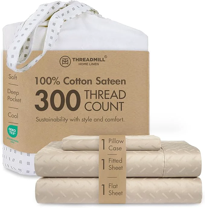 Quality Threadmill Cotton Twin XL Sheet Set Cotton Sheets for Twin XL Size Bed Damask Jacquard Sateen Twin XL Bed Sheets Set with 16 Deep Pocket Soft Breathable 3-Piece Cooling Sheet Set Beige Easy-to-Use