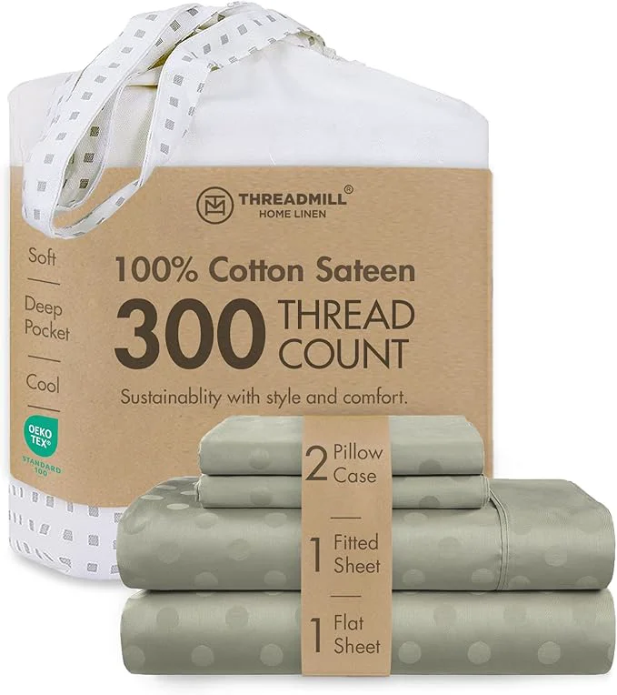 Reusable Threadmill Cotton Queen Sheet Set Cotton Sheets for Queen Size Bed Damask Jacquard Queen Bed Sheets Set with 16 Deep Pocket Soft Sateen Weave 4-Piece Cooling Bedding Set Sage Green Breathable