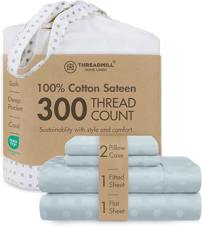 Authentic Threadmill Cotton Full Size Sheet Set Cotton Sheets for Full Size Bed Damask Jacquard Full Bed Sheets Set with 16 Deep Pocket Soft Sateen Weave 4-Piece Cooling Bedding Set Light Blue Trusted