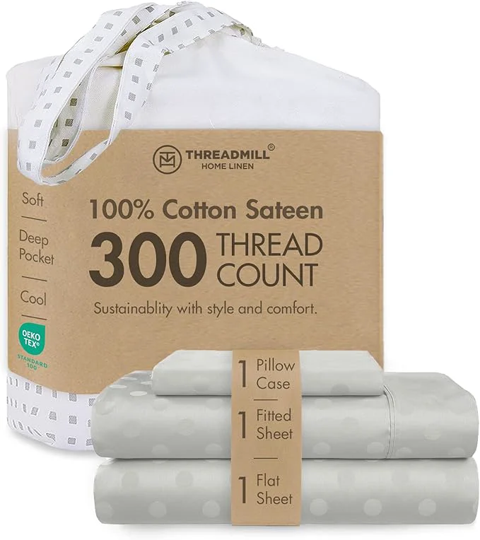 Excellent Threadmill Cotton Twin XL Sheet Set Cotton Sheets for Twin XL Size Bed Damask Jacquard Sateen Twin XL Bed Sheets Set with 16 Deep Pocket Soft Breathable 3 pc Cooling Sheet Set Light Grey Durable