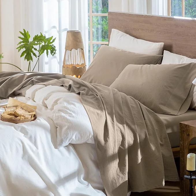 Excellent MooMee Bedding Sheet Set Washed Cotton Linen Like Textured Breathable Durable Soft Comfy Solid Mocha Brown Full Green