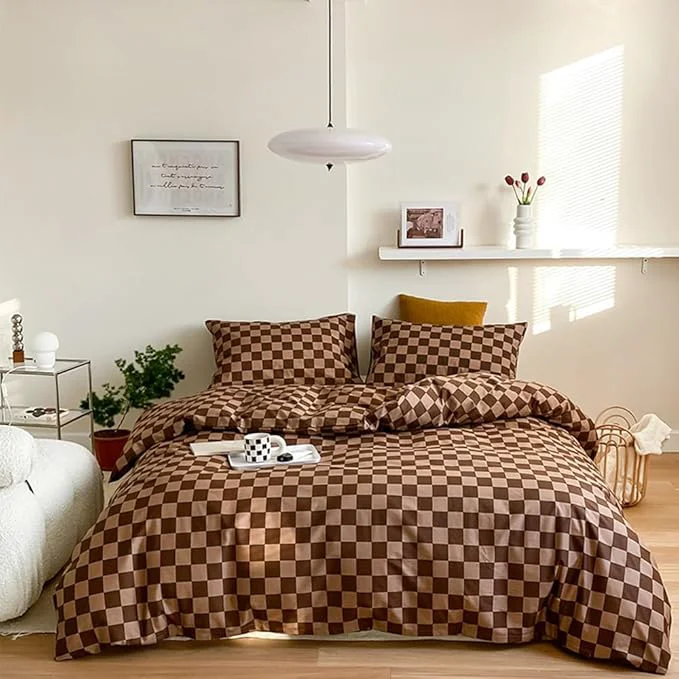 Fashionable CLOTHKNOW Brown Plaid Comforter Sets Twin Twin XL 3Pcs Grid Bedding Comforter Sets Dark Brown Checker Comforter Checkered Bedding Sets Original