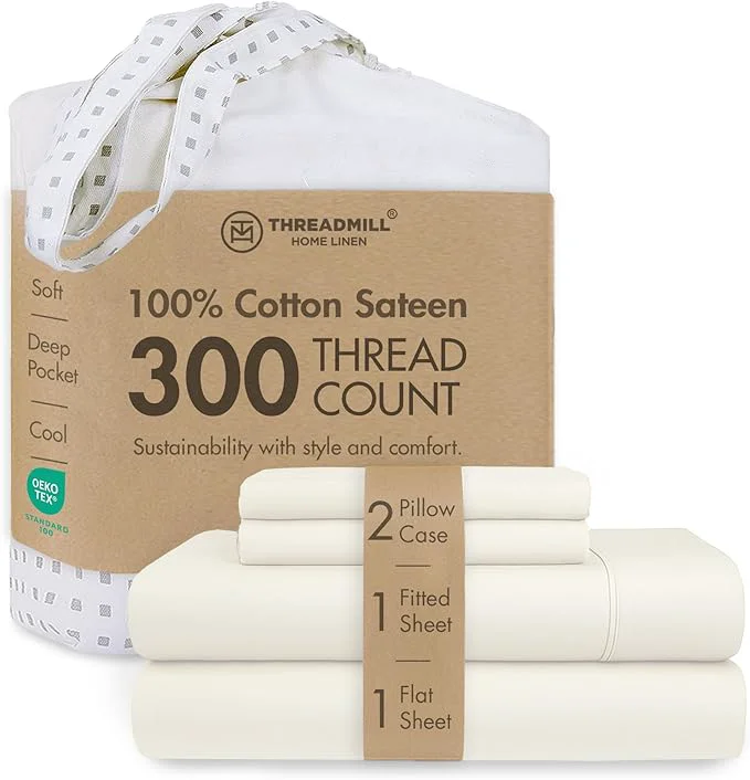 Threadmill Cotton Sheets for King Size Bed 4 Pc King Bed Sheets Set Soft Breathable Lightweight Solid Sateen for All-Season Use Snug Fit Elastic Deep Pocket King Sheets Ivory Contemporary