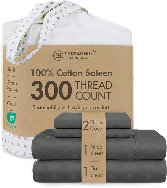 Versatile Threadmill Cotton Queen Sheet Set Cotton Sheets for Queen Size Bed Damask Jacquard Queen Bed Sheets Set with 16 Deep Pocket Soft Sateen Weave 4-Piece Cooling Bedding Set Dark Grey Professional