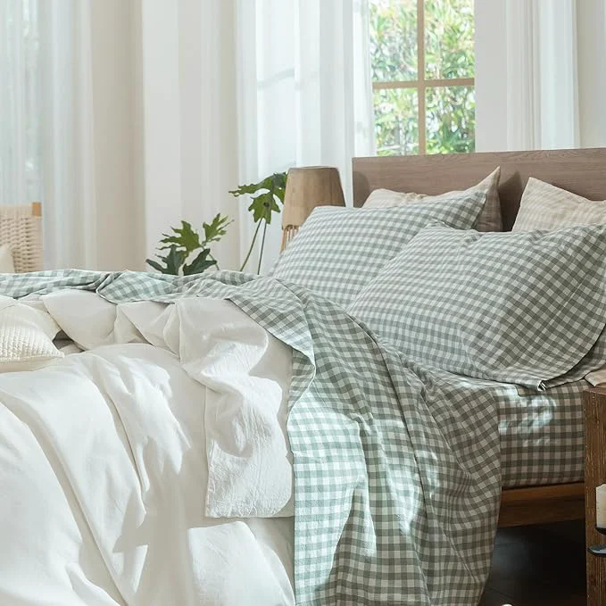 Effective MooMee Gingham Sheet Set Washed Cotton Linen Like Textured Breathable Soft w Fully Elasticized 16-19 quot Deep Pocket Classic Gingham Sage Green Queen Smart