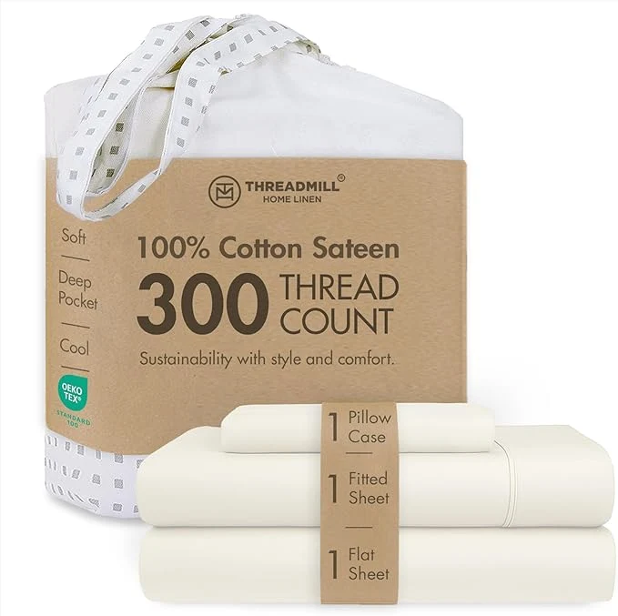 Verified Threadmill Cotton Twin Sheet Set Cotton Sheets for Twin Size Bed Solid Sateen Twin Bed Sheets Set with 16 Deep Pocket Soft Breathable 3-Piece Cooling Sheet Set Ivory Optimized