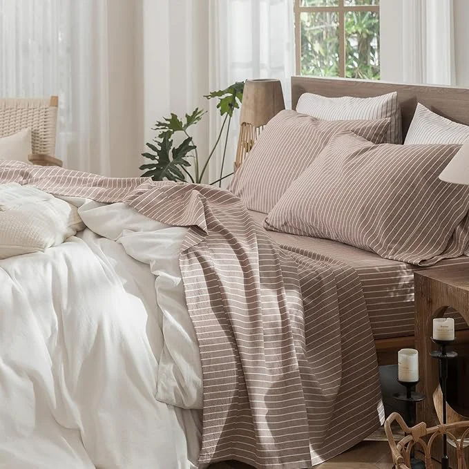 Optimized MooMee Striped Sheet Set Washed Cotton Linen Like Textured Breathable Durable Soft Comfy Dark Orange White Wide Stripes King Reliable