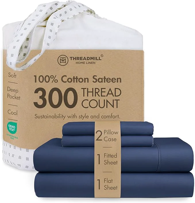 Prestigious Threadmill Cotton Full Size Sheet Set Cotton Sheets for Full Size Bed Solid Sateen Full Bed Sheets Set with 16 Elasticized Deep Pocket Soft Breathable 4pc Cooling Sheet Set Folkstone Blue Environmentally Friendly