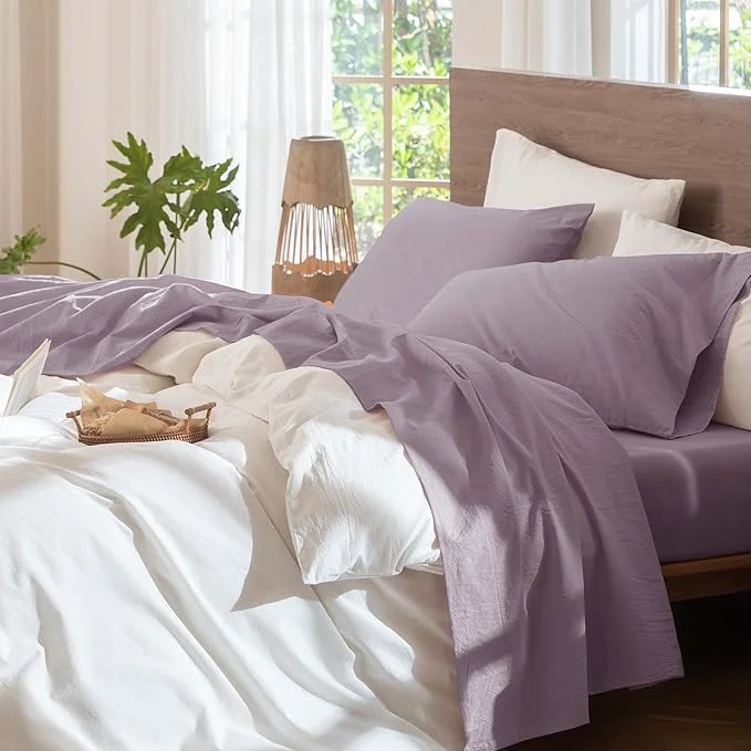 Prestigious MooMee Bedding Sheet Set Washed Cotton Linen Like Textured Breathable Durable Soft Comfy Solid Taro Purple King Smooth