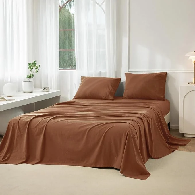 User-Friendly JIYUAN Full Size Sheet Set 4-Piece - Washed Cotton Linen-Like Soft amp Breathable Includes Deep Pocket Fitted amp Flat Sheet with 2 Pillowcases Hotel Quality Solid Dark Orange High-Performance