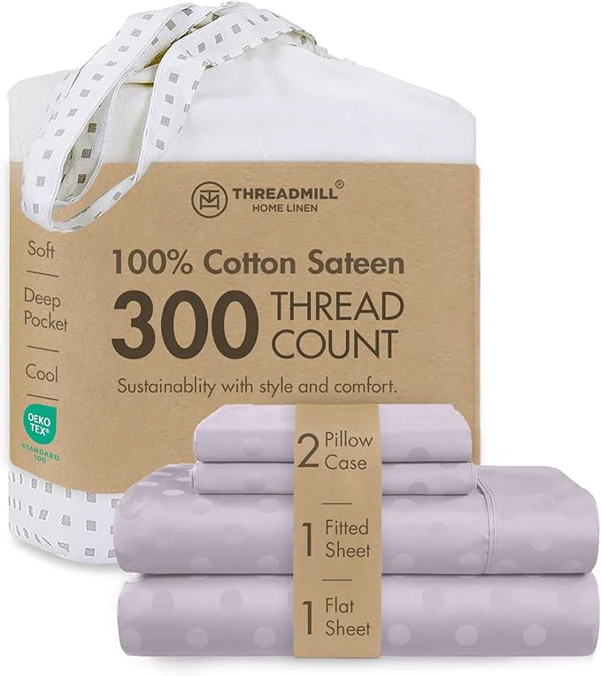 Excellent Threadmill Cotton Queen Sheet Set - Cotton Damask Jacquard Sheets With 16 quot Deep Pocket - Soft Sateen Weave 4-Piece Cooling Bedding for Queen Size Bed - Lilac Lightweight