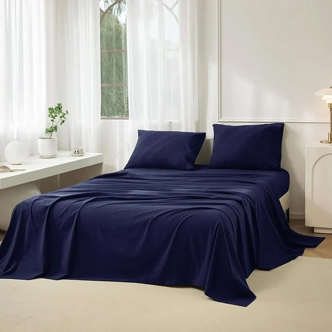 JIYUAN Queen Size Sheet Set 4-Piece - Washed Cotton Linen-Like Soft amp Breathable Includes Deep Pocket Fitted amp Flat Sheet with 2 Pillowcases Hotel Quality Solid Navy Blue Stylish
