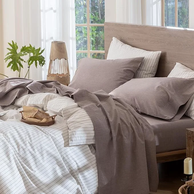 Official MooMee Bedding Sheet Set Washed Cotton Linen Like Textured Breathable Durable Soft Comfy Heathered Mauve Brown Full Traditional
