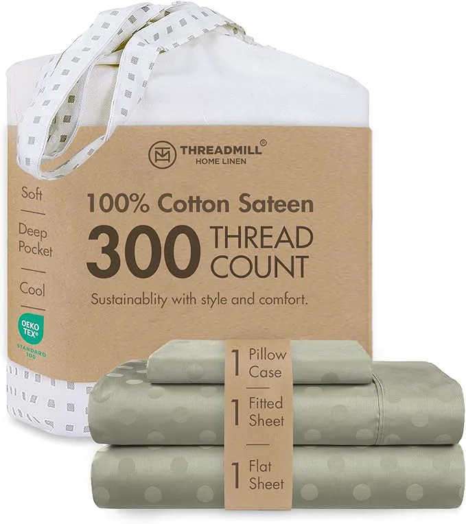 Clean Threadmill Cotton Twin Sheet Set Cotton Sheets for Twin Size Bed Damask Jacquard Sateen Twin Bed Sheets Set with 16 Deep Pocket Soft Breathable 3-Piece Cooling Sheet Set Sage Green Secure