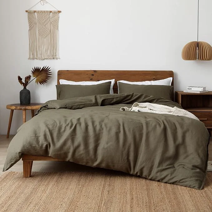 Next-Generation XZ XIFA Natural French Flax Linen Duvet Cover King Olive Green Cooling Duvet Cover Set Soft Textured Lightweight Fluffy Linen Bedding Cover Set for Hot Sleepers 1Duvet Cover 2Pillowcases Original Design