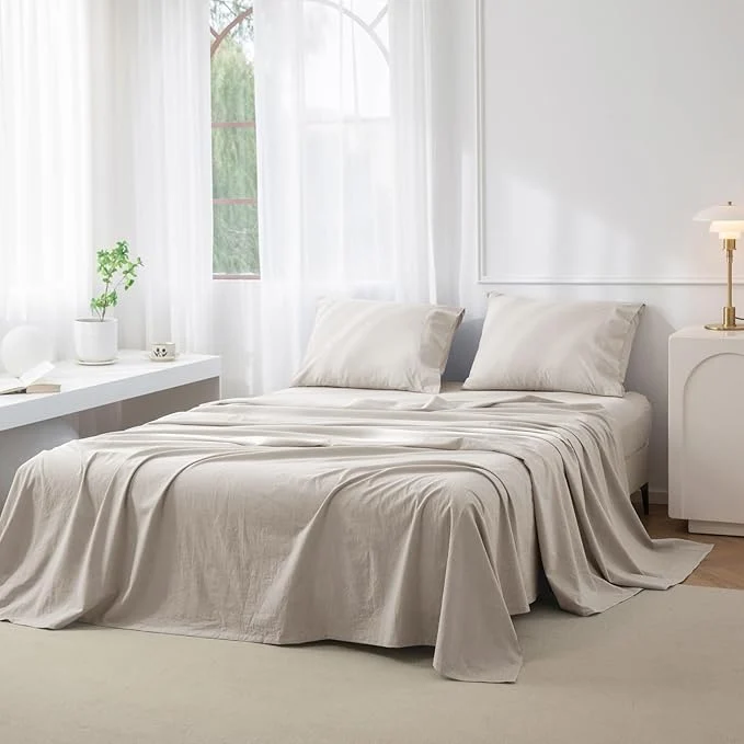 Traditional JIYUAN King Size Sheet Set 4-Piece - Washed Cotton Linen-Like Soft amp Breathable Includes Deep Pocket Fitted amp Flat Sheet with 2 Pillowcases Hotel Quality Heathered Cream Grey Sustainable