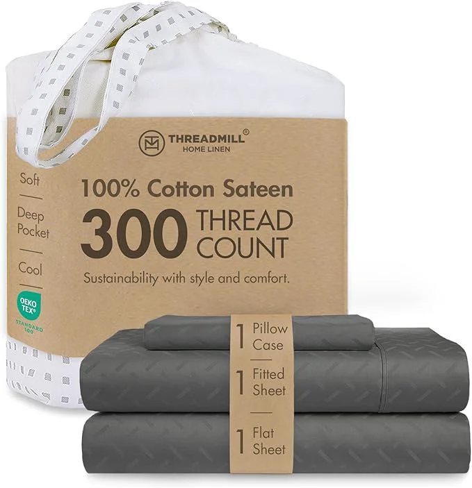 Proven Threadmill Cotton Twin Sheet Set Cotton Sheets for Twin Size Bed Damask Jacquard Sateen Twin Bed Sheets Set with 16 Deep Pocket Soft Breathable 3-Piece Cooling Sheet Set Dark Grey Original