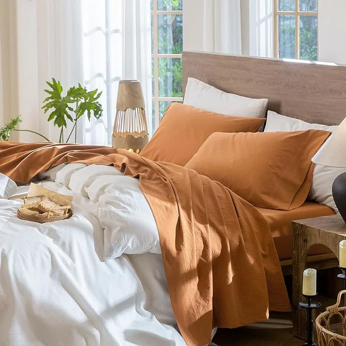 Original Design MooMee Bedding Sheet Set Washed Cotton Linen Like Textured Breathable Durable Soft Comfy Solid Burnt Orange Twin XL Natural