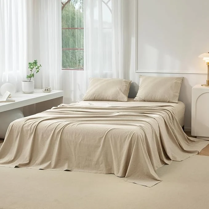 JIYUAN Queen Size Sheet Set 4-Piece - Washed Cotton Linen-Like Soft amp Breathable Includes Deep Pocket Fitted amp Flat Sheet with 2 Pillowcases Hotel Quality Heathered Tan Trendy