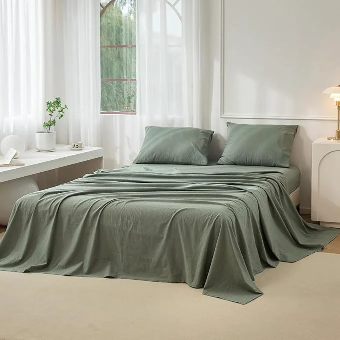 Relaxed JIYUAN Queen Size Sheet Set 4-Piece - Washed Cotton Linen-Like Soft amp Breathable Includes Deep Pocket Fitted amp Flat Sheet with 2 Pillowcases Hotel Quality Heathered Green Genuine