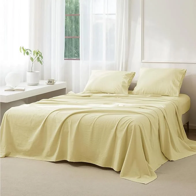 High-Performance JIYUAN California King Size Sheet Set 4-Piece - Washed Cotton Linen-Like Soft amp Breathable Includes Deep Pocket Fitted amp Flat Sheet with 2 Pillowcases Hotel Quality Solid Light Yellow Convenient