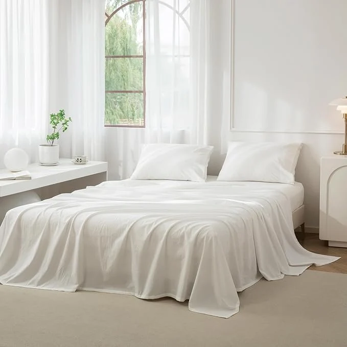 Pure JIYUAN King Size Sheet Set 4-Piece - Washed Cotton Linen-Like Soft amp Breathable Includes Deep Pocket Fitted amp Flat Sheet with 2 Pillowcases Hotel Quality Solid Off White Luxury