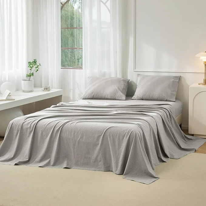 Prestigious JIYUAN Queen Size Sheet Set 4-Piece - Washed Cotton Linen-Like Soft amp Breathable Includes Deep Pocket Fitted amp Flat Sheet with 2 Pillowcases Hotel Quality Heathered Pastel Grey Responsible