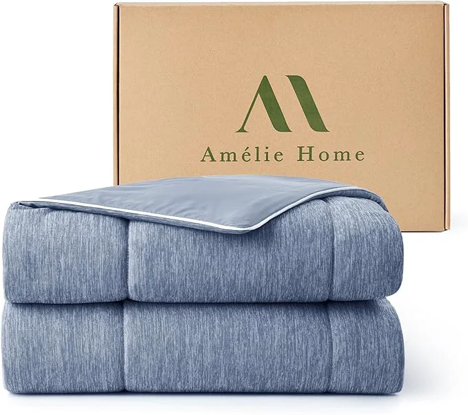 High-End Amélie Home Cooling Comforter Queen Size Dual-Sided Lightweight Cooling Blanket for Hot Sleepers Q-Max 0.43 Breathable Cooling Quilt for Night Sweats 90 quot x 90 quot Heather Denim Blue Efficient