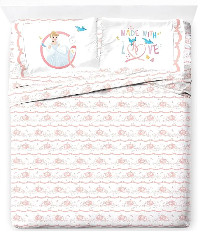 Comfortable Jay Franco Kids Sheet Set with Fitted Flat Sheets amp Pillow Cover - Ultra-Soft Bedding with Pillowcase for Room Decor White - Princess Cinderella 4 Piece Queen Specialty
