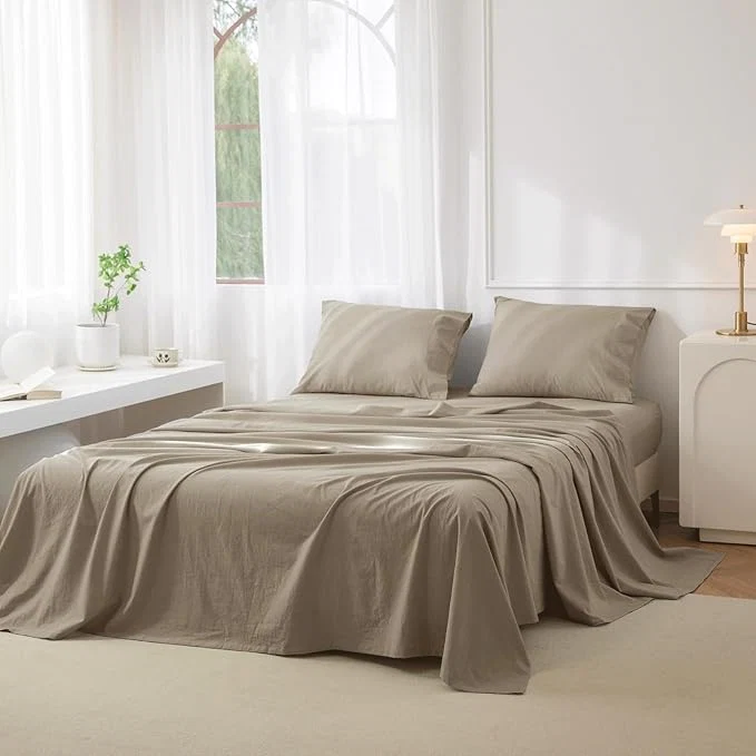 Specialty JIYUAN Twin Size Sheet Set 3-Piece - Washed Cotton Linen-Like Soft amp Breathable Includes Deep Pocket Fitted amp Flat Sheet with 1 Pillowcases Hotel Quality Solid Khaki Innovative