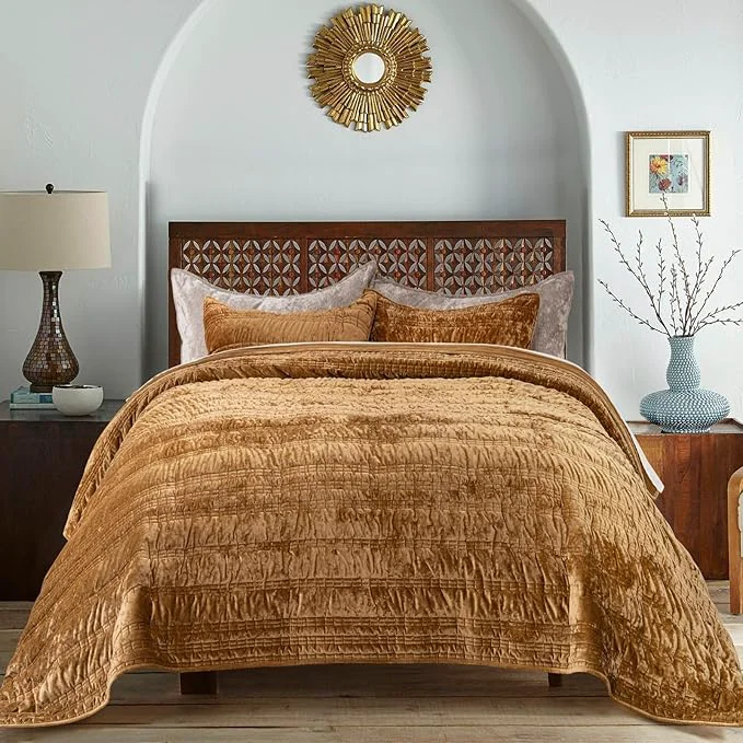 Dependable EVERGRACE Luxury Ruched Velvet Quilt Queen Size Ultra Soft Bedspread Coverlet Set Lightweight Velvet Comforter Quilted Bedding Cover with 2 Matching Shams for All Season Gold Yellow Carefully Designed