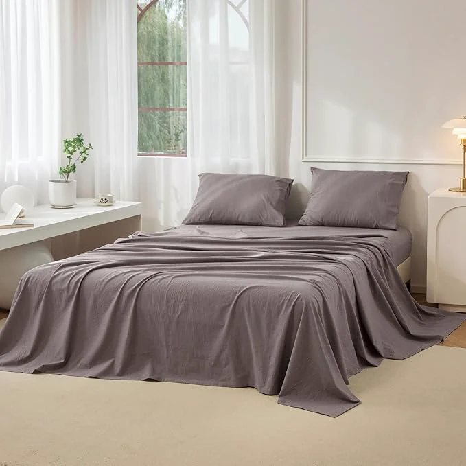 Smooth JIYUAN Queen Size Sheet Set 4-Piece - Washed Cotton Linen-Like Soft amp Breathable Includes Deep Pocket Fitted amp Flat Sheet with 2 Pillowcases Hotel Quality Heathered Mauve Brown Secure
