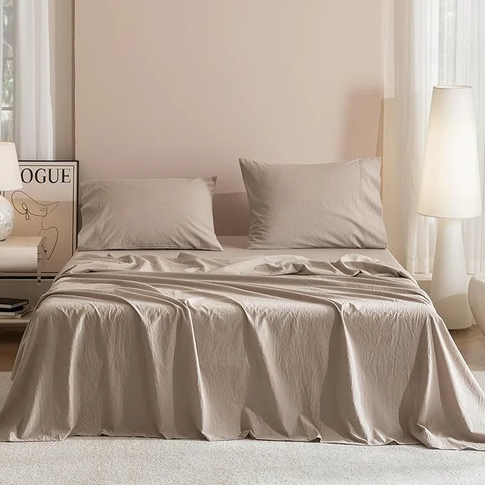 High-Grade JIYUAN Full Size Sheet Set 4-Piece - Washed Cotton Linen-Like Soft amp Breathable Includes Deep Pocket Fitted amp Flat Sheet with 2 Pillowcases Hotel Quality Heathered Warm Taupe Carefully Designed