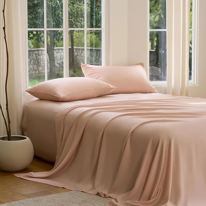 Traditional DOZ Sheet Set Viscose derived from Bamboo Organically Grown Buttery Soft Cooling Sheets High GSM Deep Pockets - 4 Piece - 2 Pillowcases 1 Fitted 1 Top Sheet Blush King Convenient