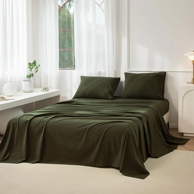 Versatile JIYUAN King Size Sheet Set 4-Piece - Washed Cotton Linen-Like Soft amp Breathable Includes Deep Pocket Fitted amp Flat Sheet with 2 Pillowcases Hotel Quality Solid Olive Green Reliable