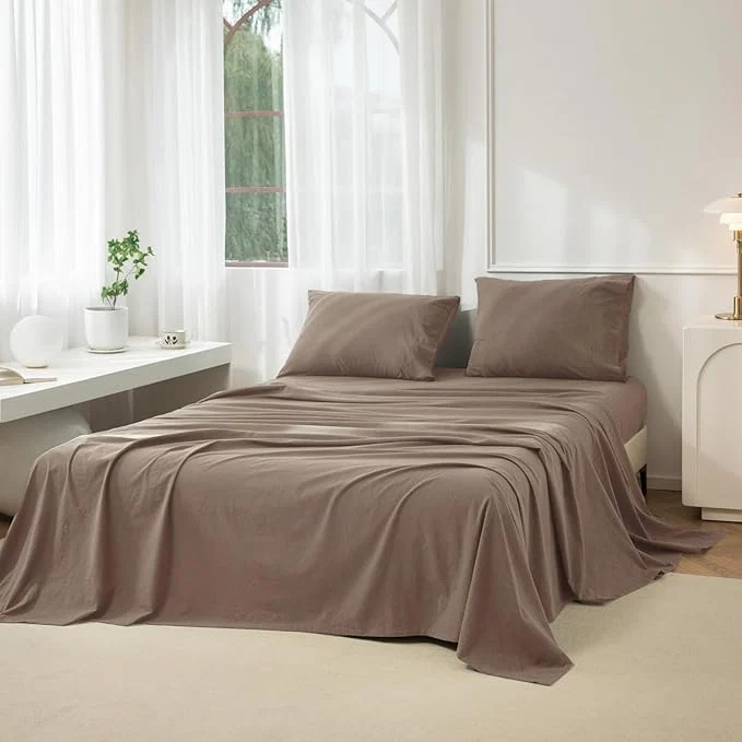 Environmentally Friendly JIYUAN Queen Size Sheet Set 4-Piece - Washed Cotton Linen-Like Soft amp Breathable Includes Deep Pocket Fitted amp Flat Sheet with 2 Pillowcases Hotel Quality Solid Light Brown Relaxed