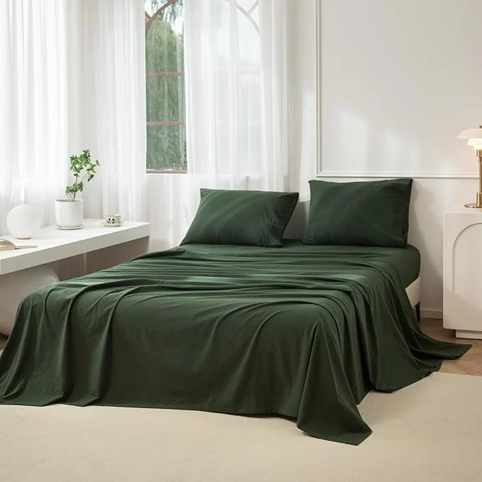 JIYUAN King Size Sheet Set 4-Piece - Washed Cotton Linen-Like Soft amp Breathable Includes Deep Pocket Fitted amp Flat Sheet with 2 Pillowcases Hotel Quality Solid Forest Green Unique